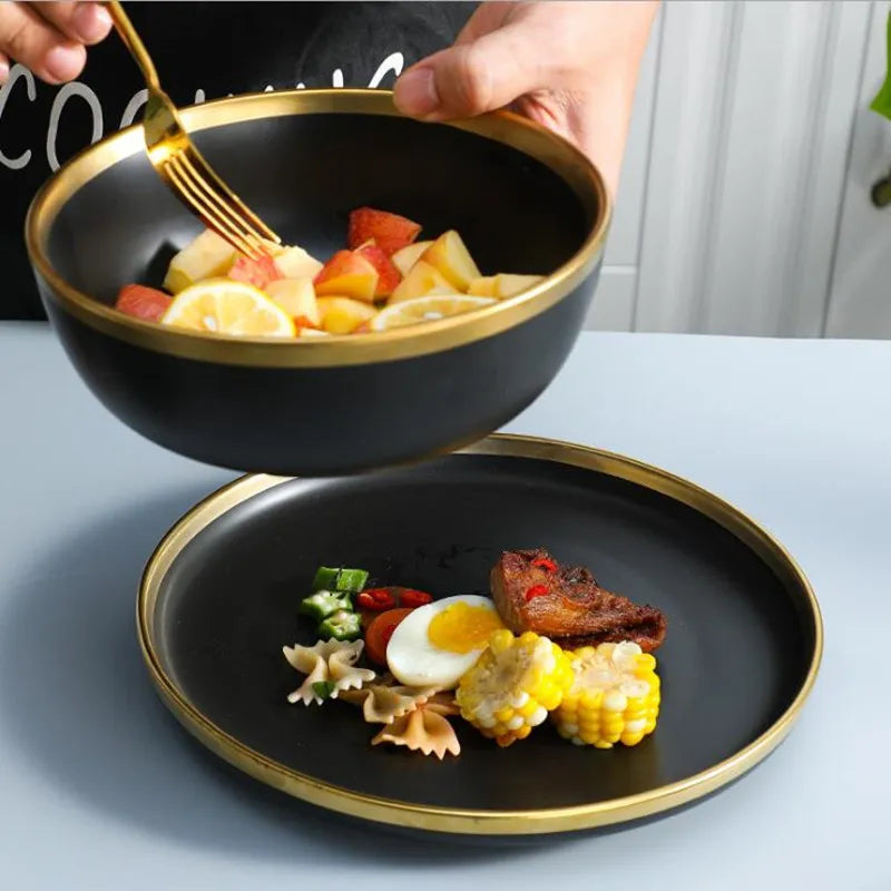 Gilt Rim Black Porcelain Dinner Plates Kitchen Dishes Ceramics Tableware Food Tray Rice Salad Noodles Bowl Cutlery Set