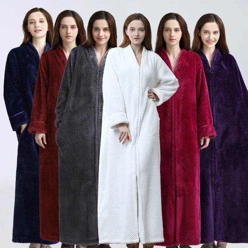 2021 New Robes For Women New Autumn And Winter Thicken Warm Flannel Bath Robe Zipper  Women Clothing Nightgown Robes Pajamas