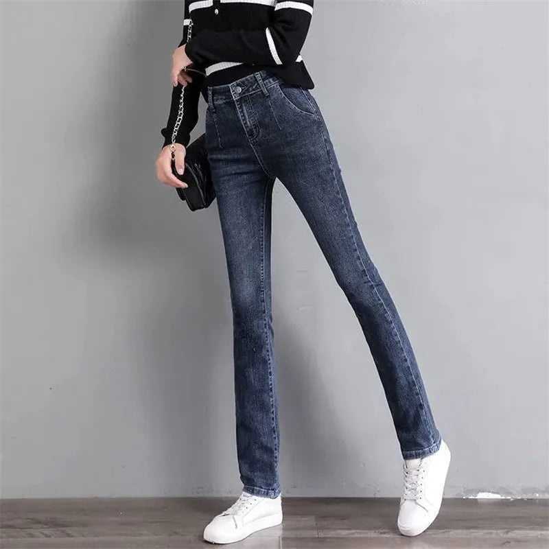 Vintage Stretch Straight Denim Trousers Women Streetwear Spring Autumn High Waist Slim Casual Pants Plus Size Ladies Jeans