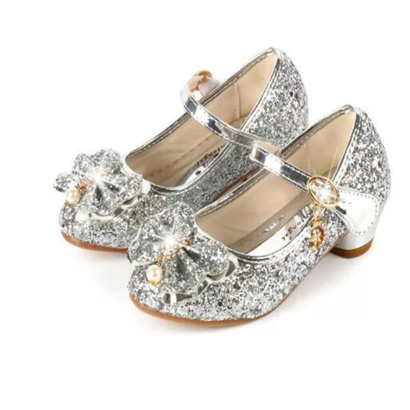 Princess Butterfly Leather Shoes Kids Diamond Bowknot High Heel Children Girl Dance Glitter Shoes Fashion Girls Party Dance Shoe