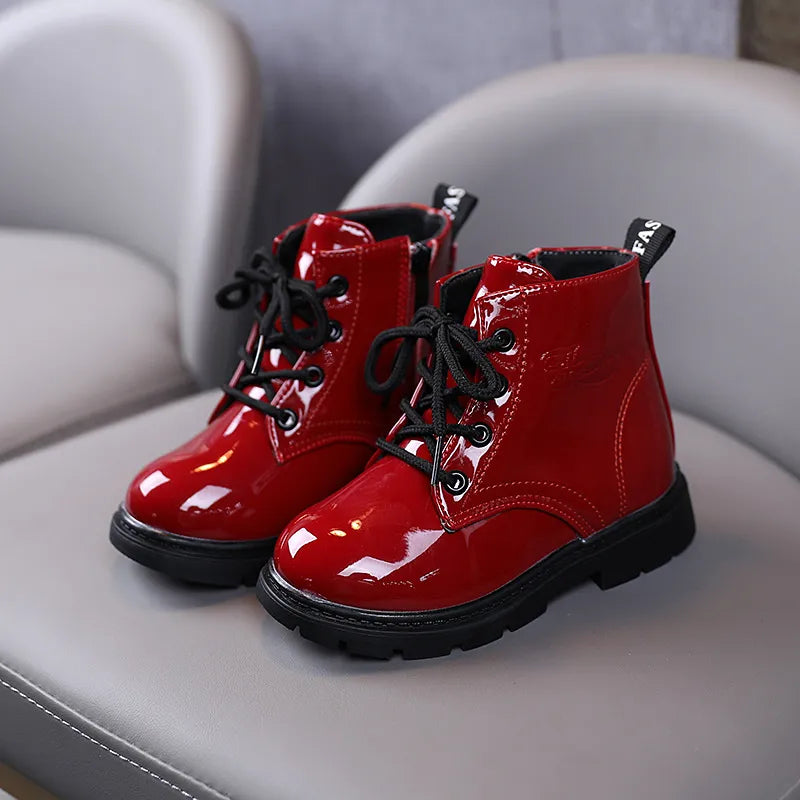 2023 Winter Pu Leather Girls Boots Shoes Rubber Sole Flat With Boys And Kids Boots Shoes Fashion Size 21-30 Girls Baby Boots