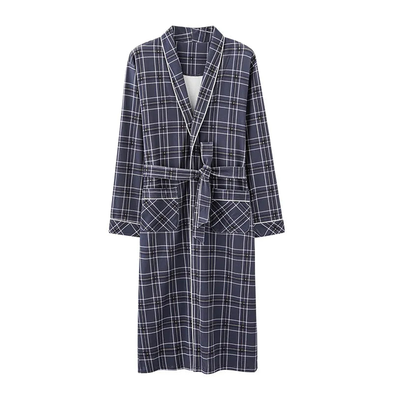 Spring Autumn Plaid Bathrobe Men Sleep Top Kimono Robes For Male Full Pure Cotton Long Bath Robe Bride Robe Dressing Gown M-4XL