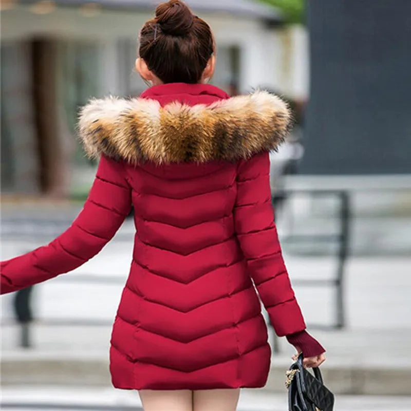 Women's down jacket Casual Cotton  winter jacket Long Parkas Removable fur collar, removable hat and gloves Warm female Coat