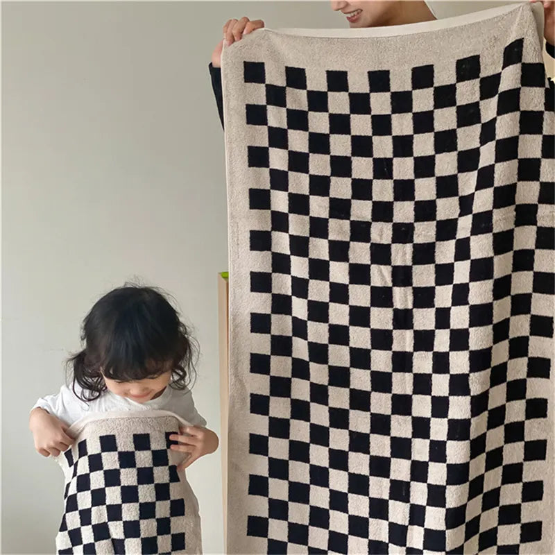 Retro Color Matching Long-Staple Cotton Skin-Friendly Towel Checkerboard Plaid Face Bath Towels Soft Absorbent Face Towel