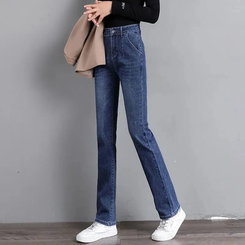 Vintage Stretch Straight Denim Trousers Women Streetwear Spring Autumn High Waist Slim Casual Pants Plus Size Ladies Jeans