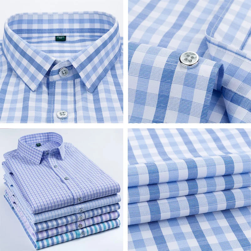 Men Shirt Plaid Short Sleeve Dress Striped Formal Shirt 2020 Summer Casual Slim Fit Pocket High Quality Business Dropshipping