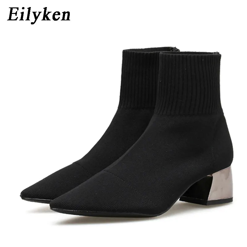 EilyKen 2023 Autumn Winter Knitted Stretch Fabric Socks Women Low Heel Short Boots Gray Pointed Toe Female Ankle Booties