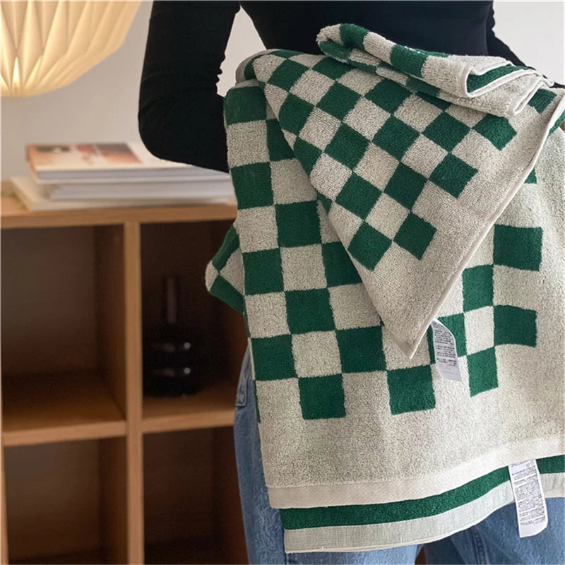 Retro Color Matching Long-Staple Cotton Skin-Friendly Towel Checkerboard Plaid Face Bath Towels Soft Absorbent Face Towel