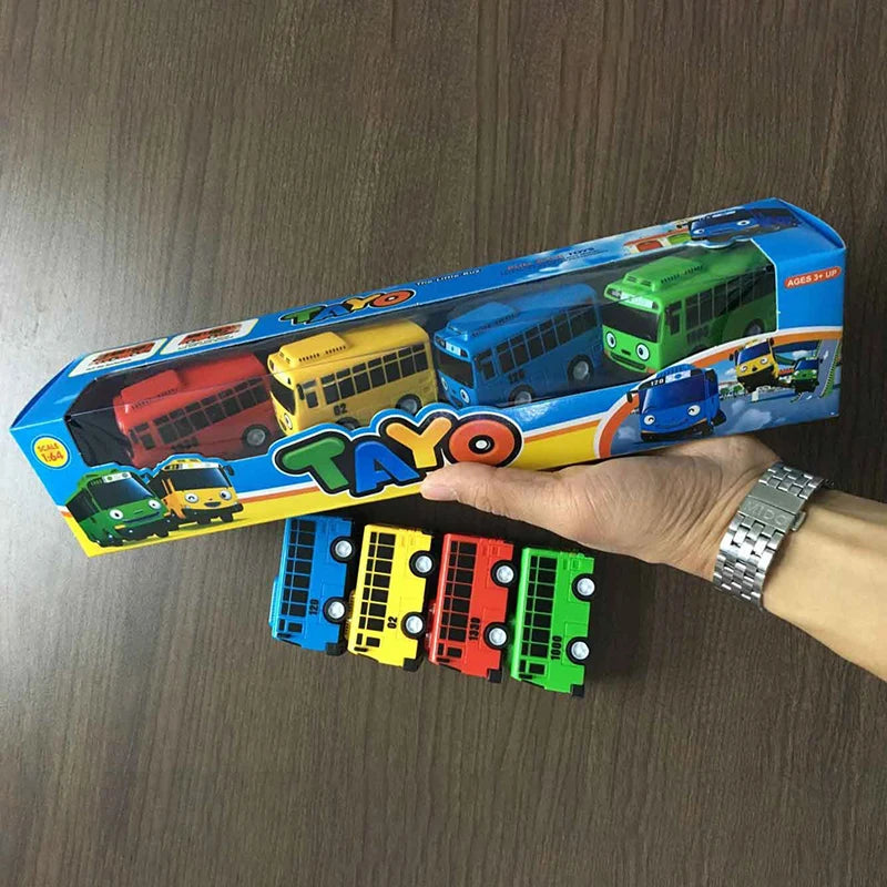 4pcs/set Anime Tayo the Little Bus Educational Toys Cartoon Mini Plastic Pull Back Bus Car Model Toy for Kids Christmas Gifts