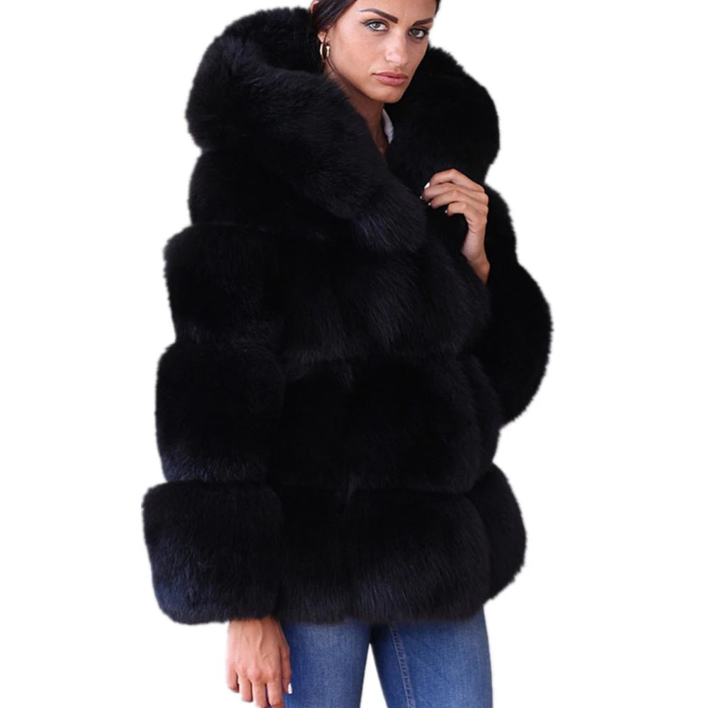 HJQJLJLS 2021 Winter New Women Elegant Black Faux Fox Fur Coat Hooded Female Thick Warm Fluffy Artificial Fur Coat Fur Jacket