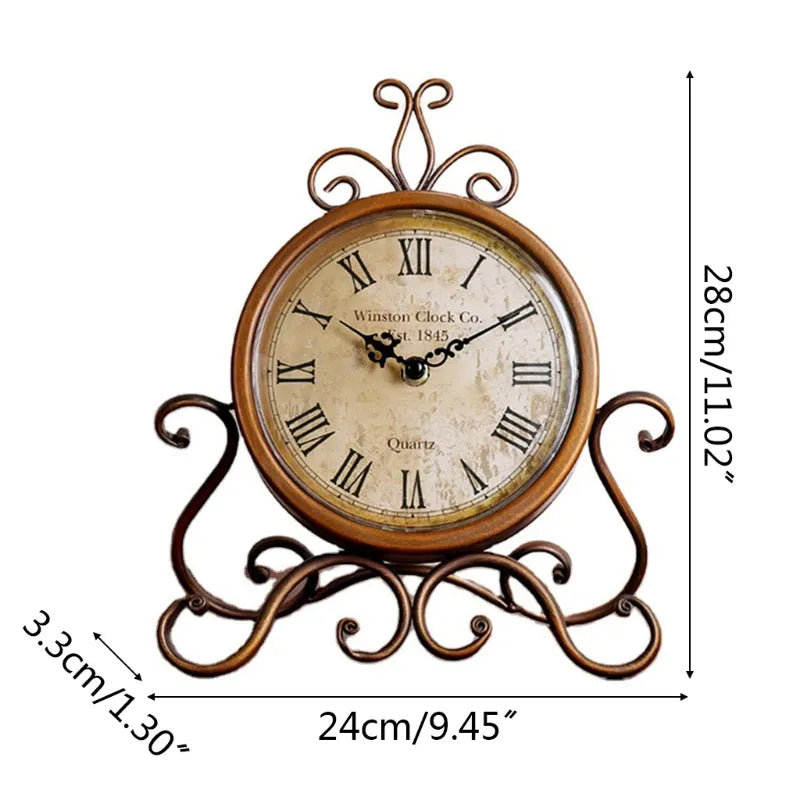 Vintage Retro Iron Ornament Battery Operated Silent Table Clock Home Bedroom Living Room Office Decor