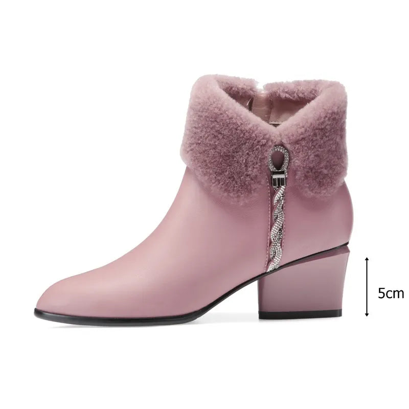 ZVQ Cute Sweet Leather Ankle Boots Winter Warm Chelsea Booties Pink Black Purple Party 5cm High Heels women's Shoes