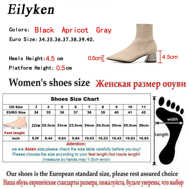 EilyKen 2023 Autumn Winter Knitted Stretch Fabric Socks Women Low Heel Short Boots Gray Pointed Toe Female Ankle Booties