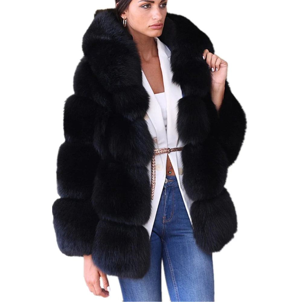 HJQJLJLS 2021 Winter New Women Elegant Black Faux Fox Fur Coat Hooded Female Thick Warm Fluffy Artificial Fur Coat Fur Jacket