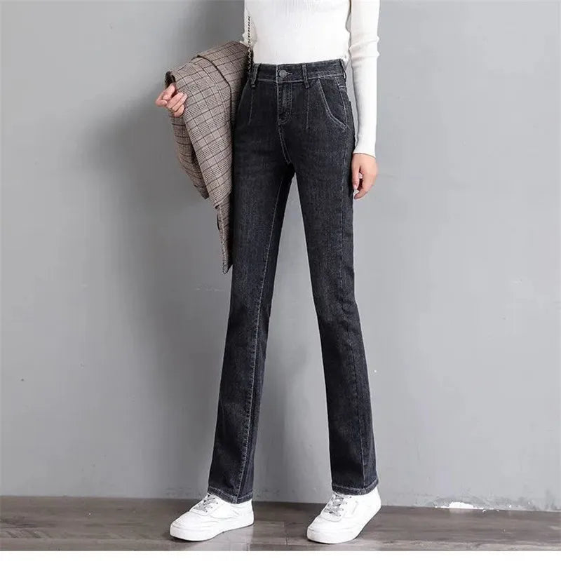 Vintage Stretch Straight Denim Trousers Women Streetwear Spring Autumn High Waist Slim Casual Pants Plus Size Ladies Jeans