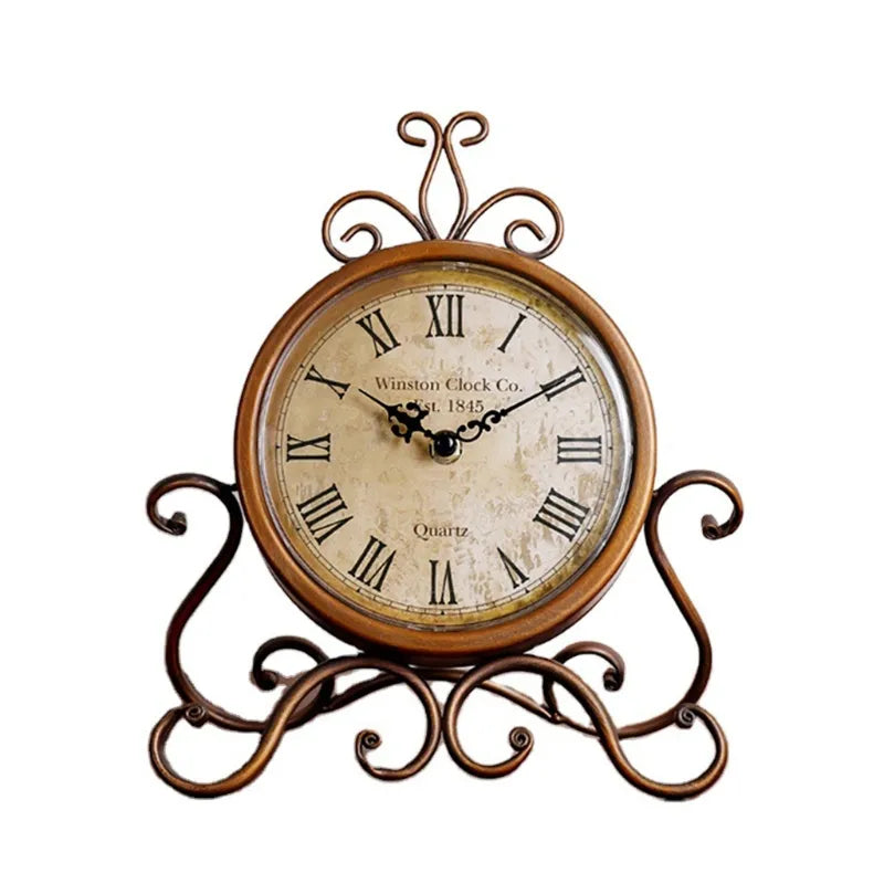 Vintage Retro Iron Ornament Battery Operated Silent Table Clock Home Bedroom Living Room Office Decor