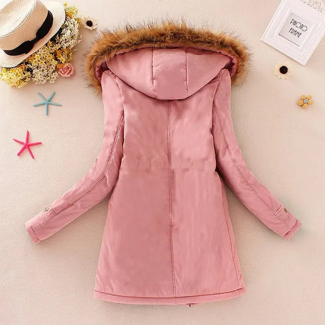 Brand Dark Pink Women's Jacket Overcoat Winter Warm Fur Hooded Coat 15 Solid Colors Thick Parkas Female Outerwear Ladies Tops