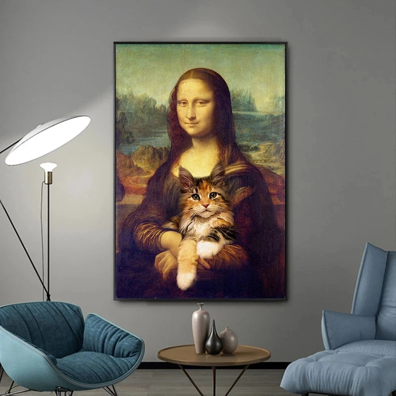 Funny Art Mona Lisa Holding A Cat Canvas Paintings Wall Art Posters and Prints Da Vinci Famous Wall Art Pictures Home Decoration