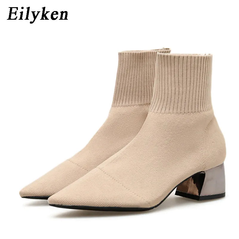 EilyKen 2023 Autumn Winter Knitted Stretch Fabric Socks Women Low Heel Short Boots Gray Pointed Toe Female Ankle Booties