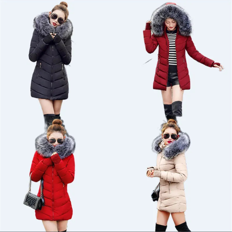 Women's down jacket Casual Cotton  winter jacket Long Parkas Removable fur collar, removable hat and gloves Warm female Coat