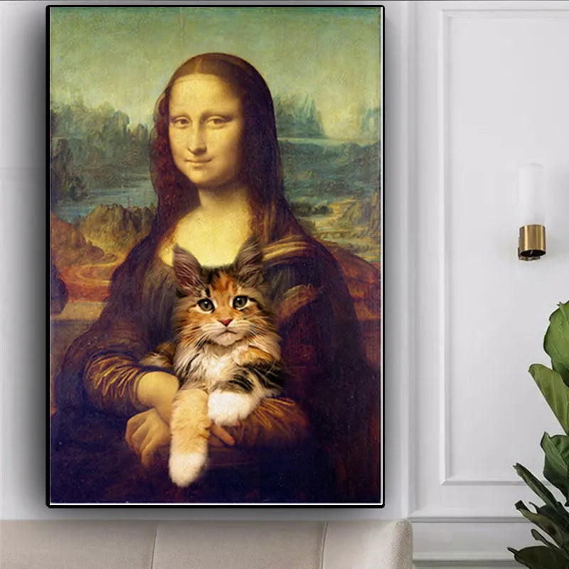 Funny Art Mona Lisa Holding A Cat Canvas Paintings Wall Art Posters and Prints Da Vinci Famous Wall Art Pictures Home Decoration