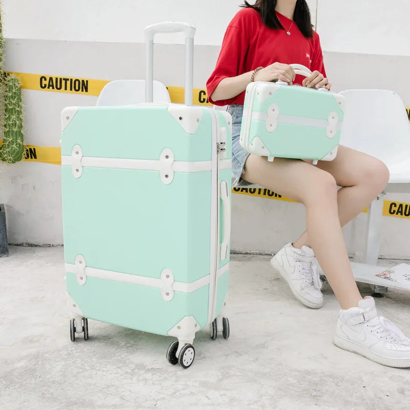 Luggage 20" 22" 24" 26" inch women hard retro rolling luggage set trolley baggage with cosmetic bag vintage suitcase for girls