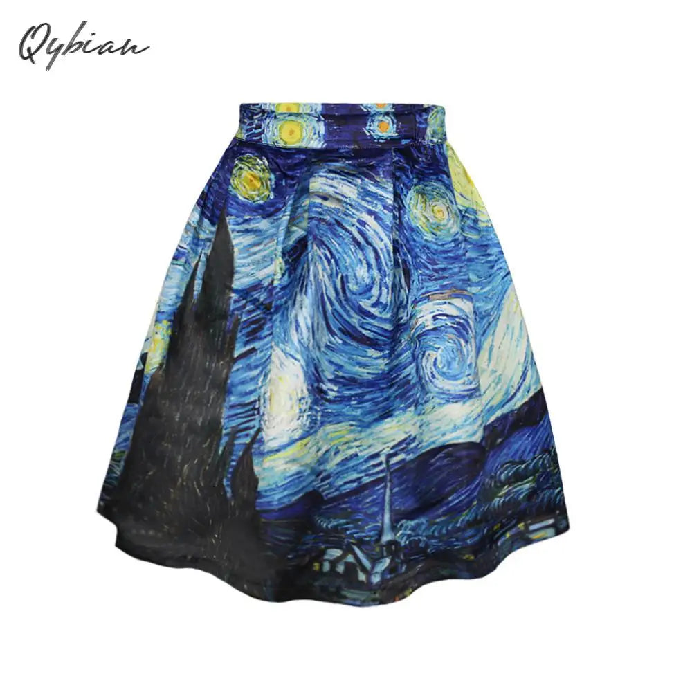 Qybian New Faldas Vintage Van Gogh Print Ladies Skirts High Waist Womens Skirts Christmas Skirt Plus Size Skirt