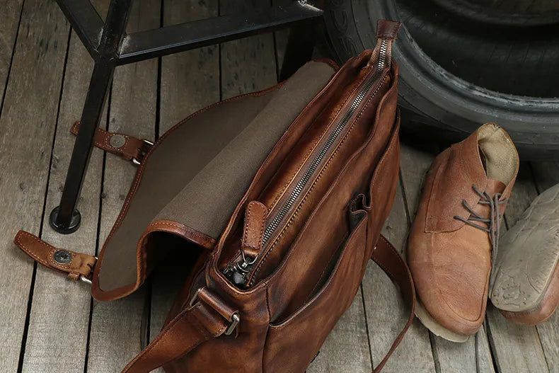 Vintage Genuine Leather Messenger Bag men Leather Shoulder Bag Men Crossbody Bag male Fashion Casual Sling Leisure Bags Brown