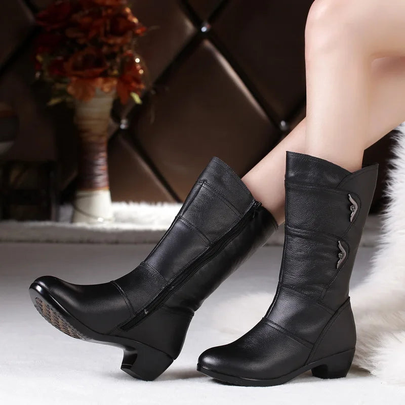 WOIZGIC Women's Mother Female Ladies Genuine Leather Shoes Boots Botas Knee High Zipper Winter Warm Plush Mid Calf Plus Size