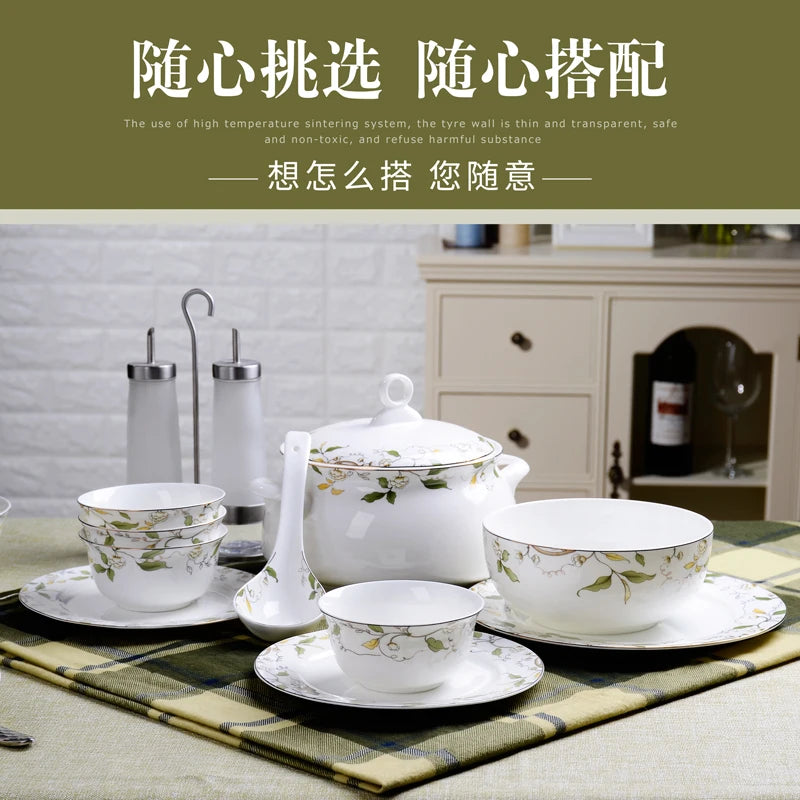 Tangshan Bone Porcelain Bowls and Dishes with Pottery Bowls and Plates with Soup Bowls and Noodles