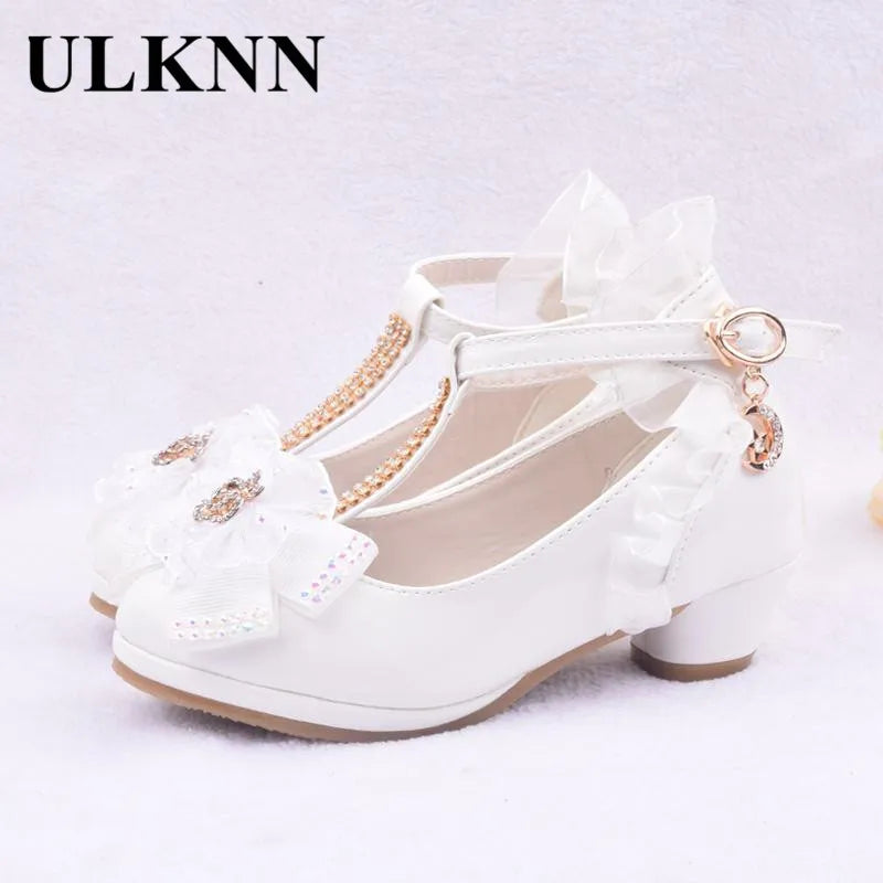 ULKNN Children Party Leather Shoes Girls PU Low Heel Lace Flower Kids Shoes For Girls Single Shoes Dance Dress shoe White Pink