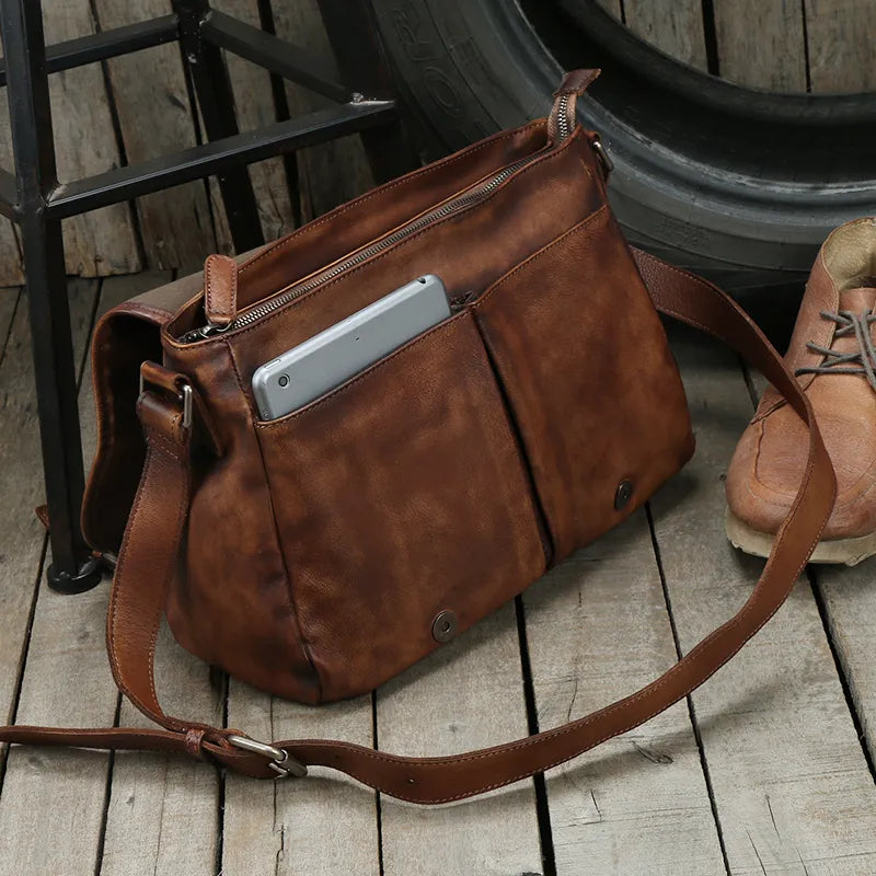 Vintage Genuine Leather Messenger Bag men Leather Shoulder Bag Men Crossbody Bag male Fashion Casual Sling Leisure Bags Brown