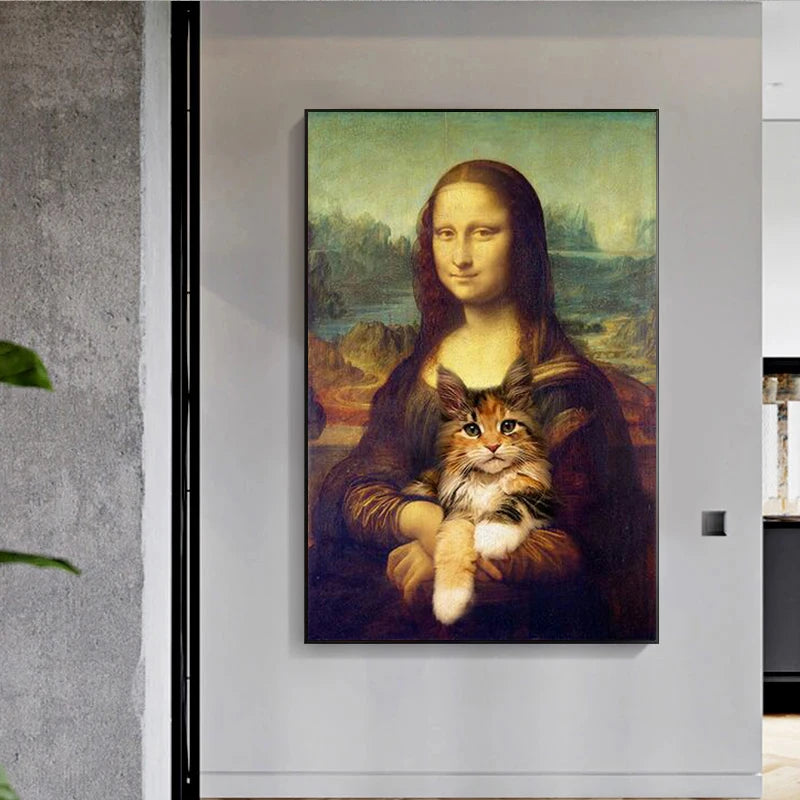 Funny Art Mona Lisa Holding A Cat Canvas Paintings Wall Art Posters and Prints Da Vinci Famous Wall Art Pictures Home Decoration