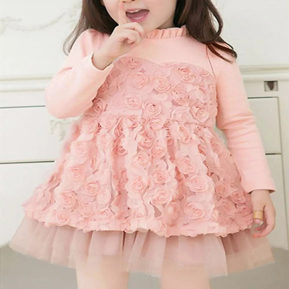 Girls Long Sleeve lace princess Party Pageant Rose flower Dresses  YF006