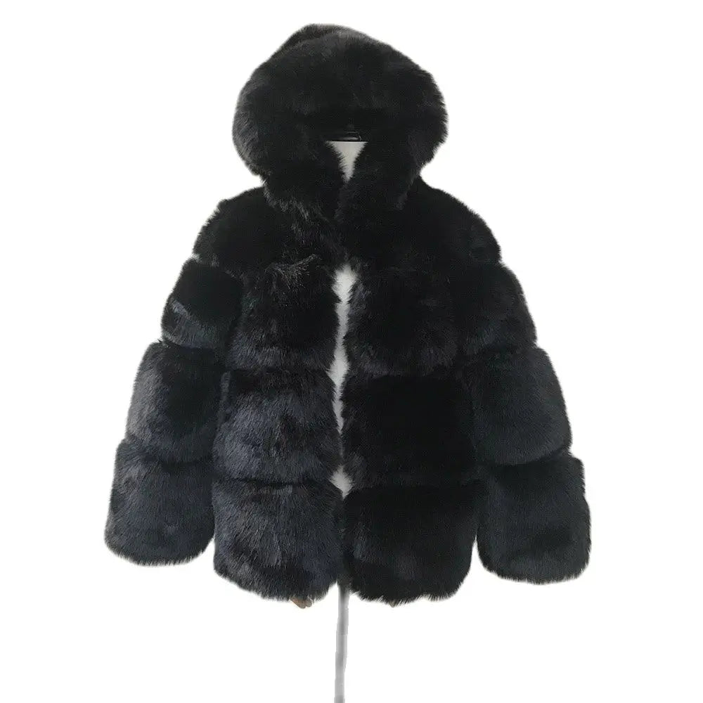 HJQJLJLS 2021 Winter New Women Elegant Black Faux Fox Fur Coat Hooded Female Thick Warm Fluffy Artificial Fur Coat Fur Jacket