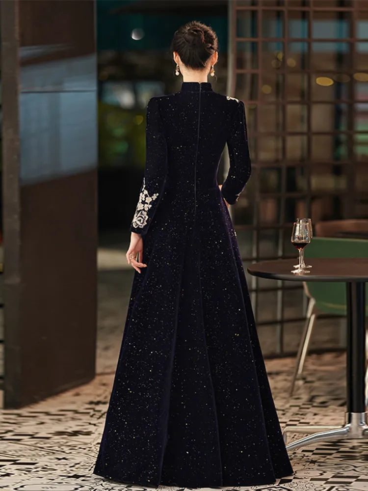 Navy Blue Velvet Formal Gowns With Long Sleeves High Neck A-Line Floor-Length Muslim Evening Dresses