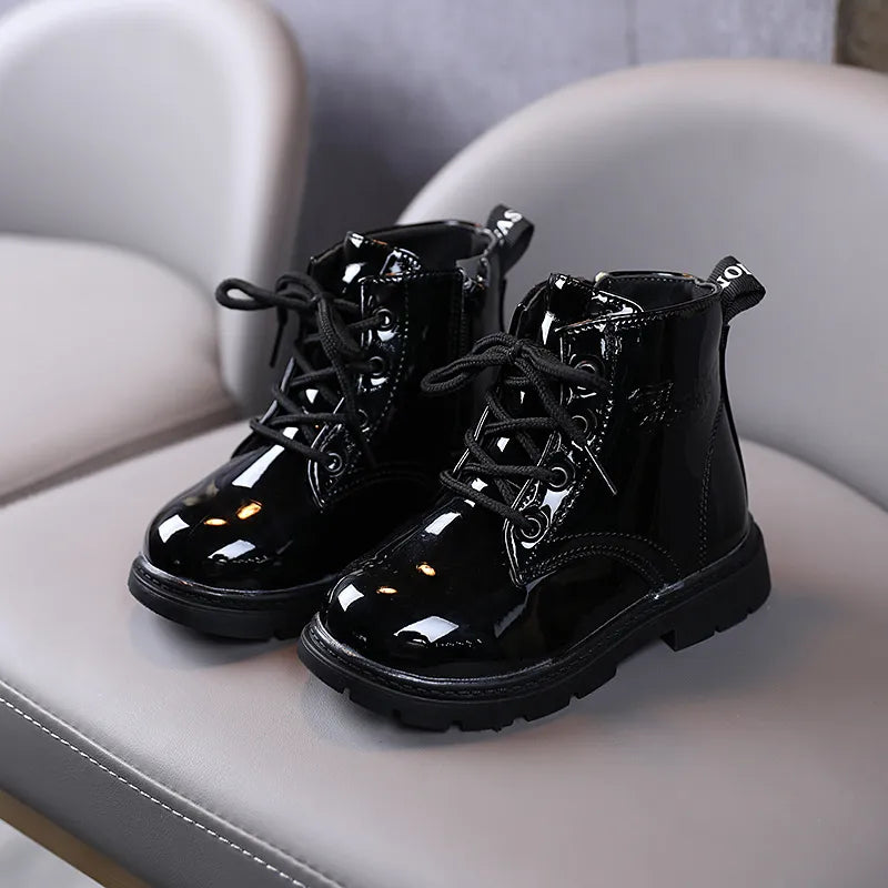 2023 Winter Pu Leather Girls Boots Shoes Rubber Sole Flat With Boys And Kids Boots Shoes Fashion Size 21-30 Girls Baby Boots