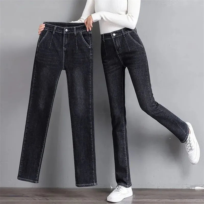 Vintage Stretch Straight Denim Trousers Women Streetwear Spring Autumn High Waist Slim Casual Pants Plus Size Ladies Jeans