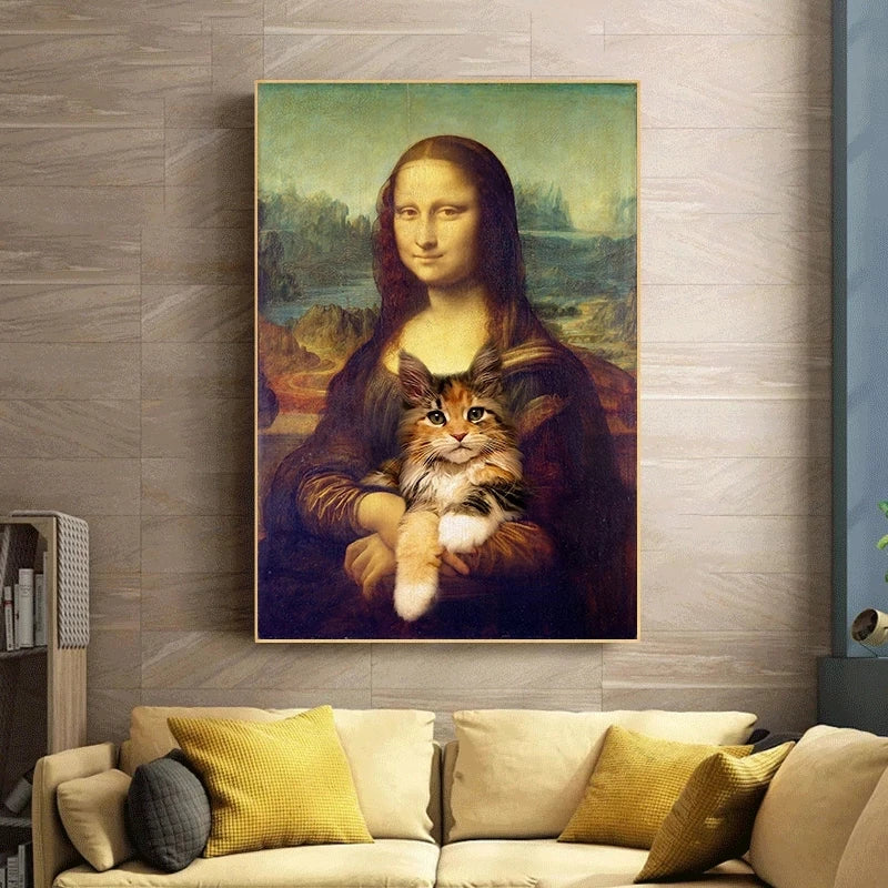 Funny Art Mona Lisa Holding A Cat Canvas Paintings Wall Art Posters and Prints Da Vinci Famous Wall Art Pictures Home Decoration