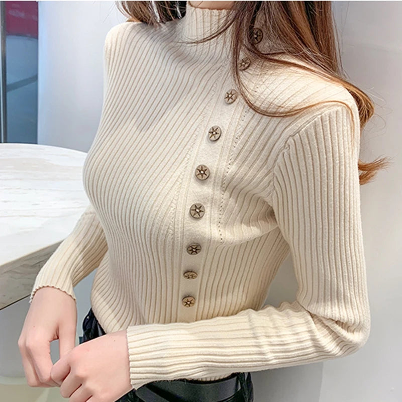 Women Knitted Winter Pullovers 2023 Fashion Long Sleeve White Black Sweaters Turtleneck Korean Clothes Elegant Pink Ladies Tops