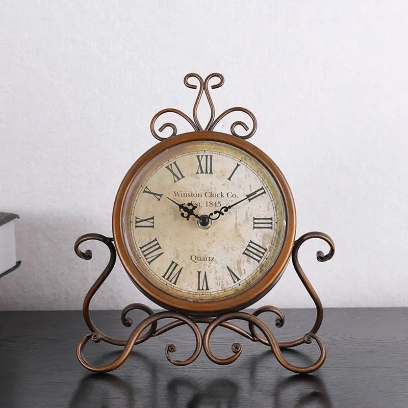 Vintage Retro Iron Ornament Battery Operated Silent Table Clock Home Bedroom Living Room Office Decor