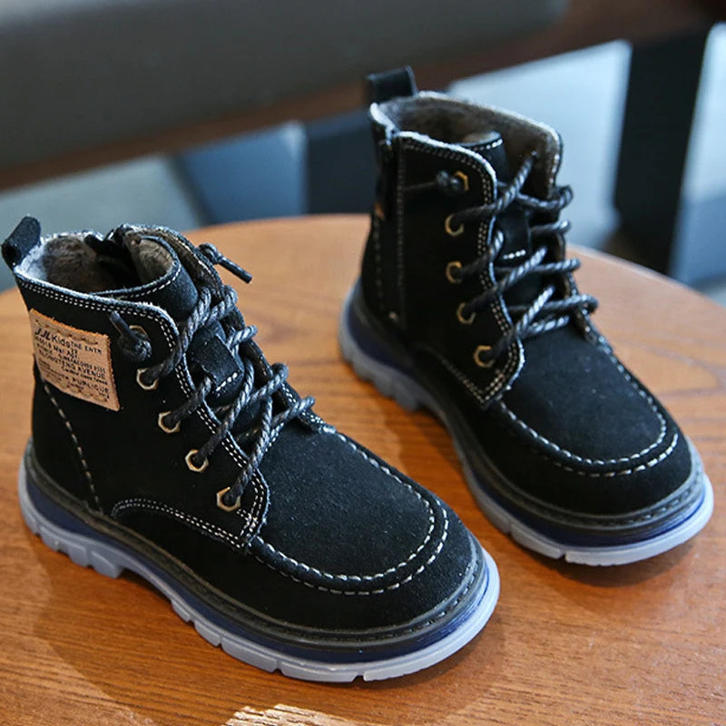 2023 Autumn Winter Genuine Leather Boots Children High-top Boots Boys Warm Snow Boots Girls Cotton Shoes Warm Under -15℃