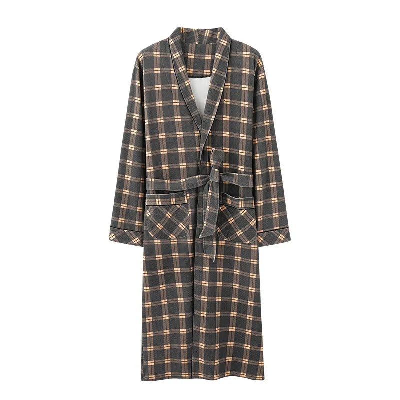 Spring Autumn Plaid Bathrobe Men Sleep Top Kimono Robes For Male Full Pure Cotton Long Bath Robe Bride Robe Dressing Gown M-4XL