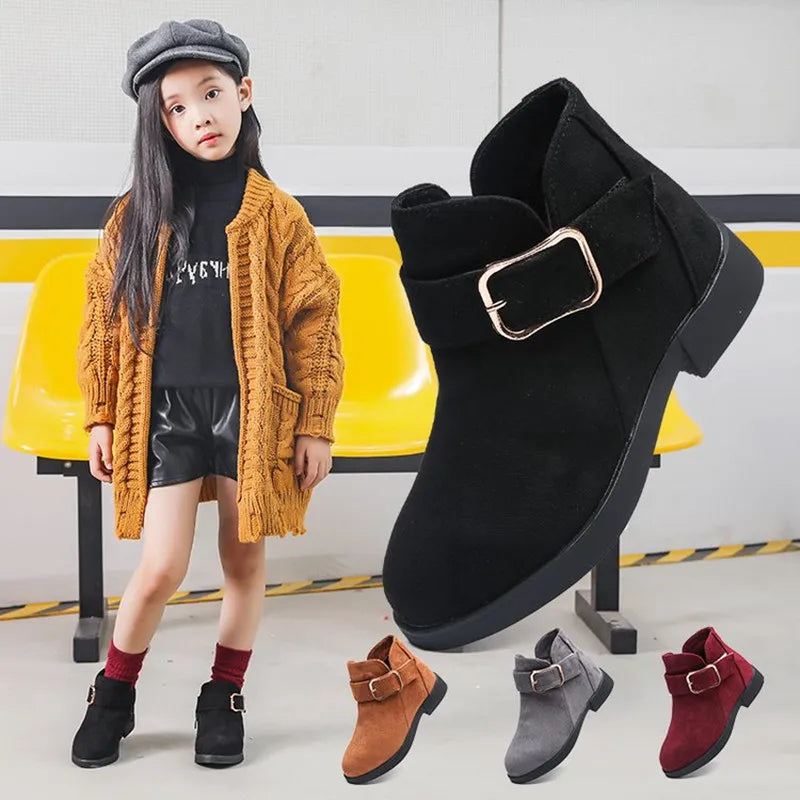 2022 Winter Girls Winter Boots Classic Buckle Kids Ankle Boots Children Tide Boots Flock With Rubber Sole Short Soft Fashion