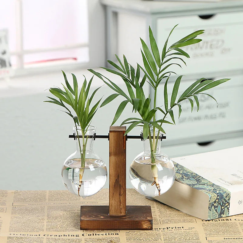 Terrarium Hydroponic Plant Vases Vintage Flower Pot Transparent Vase Wooden Frame Glass Tabletop Plants Bonsai Home Decorations