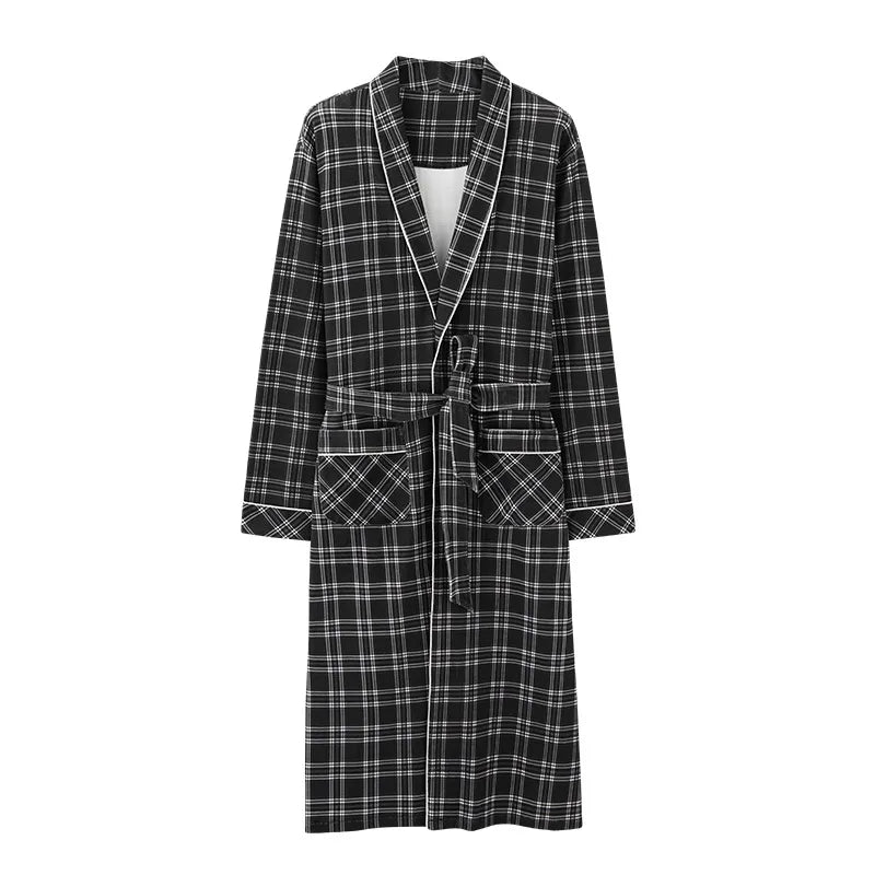 Spring Autumn Plaid Bathrobe Men Sleep Top Kimono Robes For Male Full Pure Cotton Long Bath Robe Bride Robe Dressing Gown M-4XL