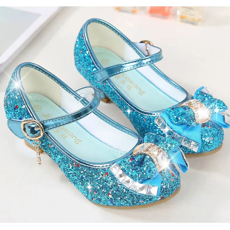 Princess Kids Leather Shoes for Girls Flower Casual Glitter Children High Heel Girls Shoes Butterfly Knot Blue Pink Silver