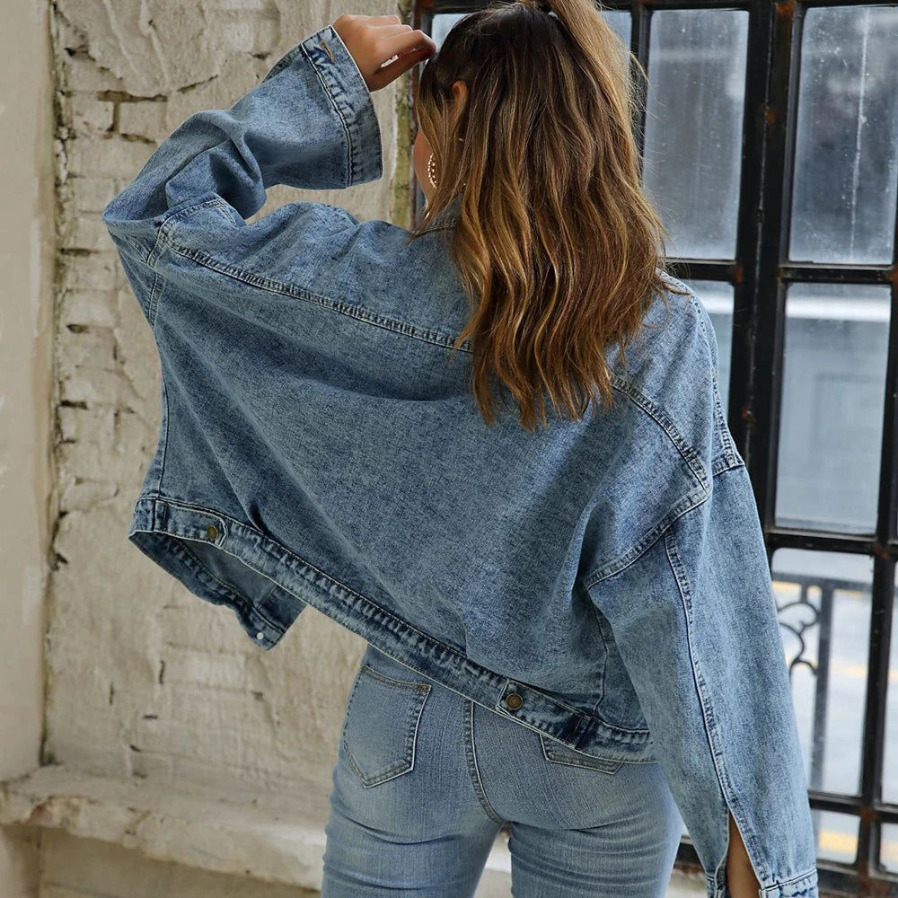 Women's Autumn Denim Jacket Casual Blue Jeans Jackets Women Loose Washed Vintage Long Sleeve Winter Jeans Coat Female Outwear