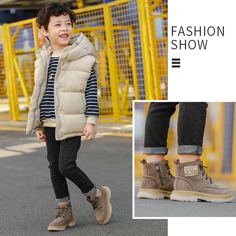 2023 Autumn Winter Genuine Leather Boots Children High-top Boots Boys Warm Snow Boots Girls Cotton Shoes Warm Under -15℃