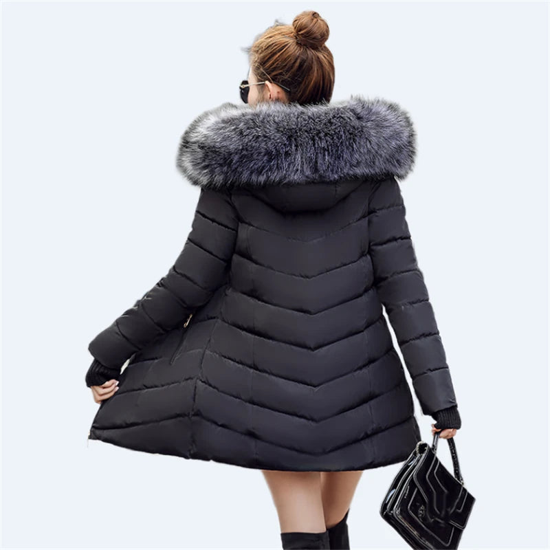 Women's down jacket Casual Cotton  winter jacket Long Parkas Removable fur collar, removable hat and gloves Warm female Coat